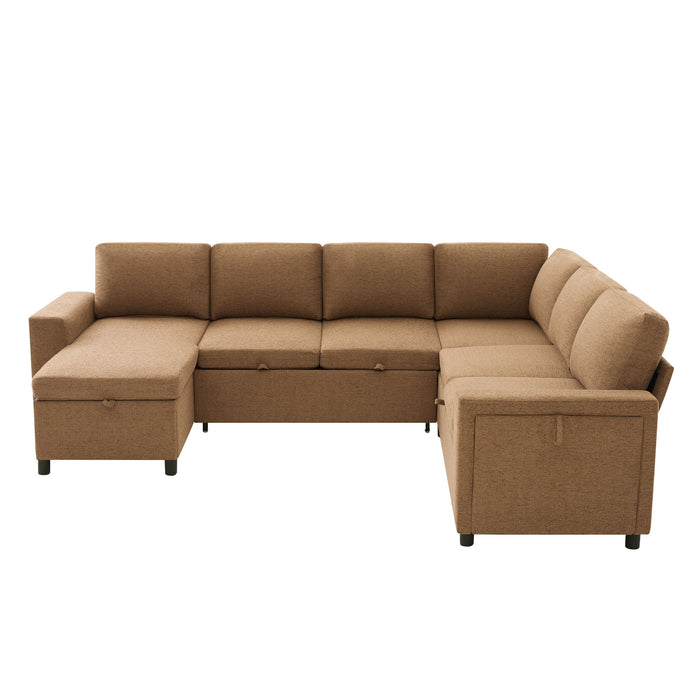 U - Shaped Convertible Sectional Sofa Bed With Storage, USB Charger & Cup Holders