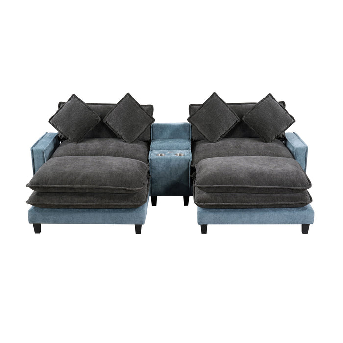 Sectional Sofa With Removable Ottomans, USB Ports, Cup Holders & Storage - Gray / Light Blue