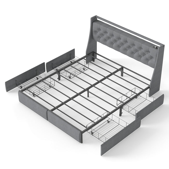 Platform Bed Frame With RGB LED Lights, Charging Station, Storage Headboard & 4 Underbed Drawers