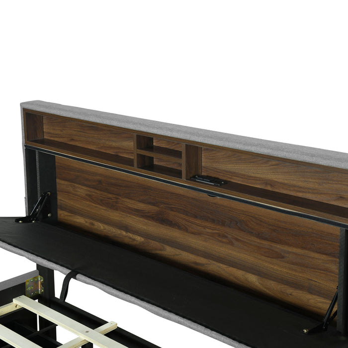 Upholstered Platform Bed With Storage Headboard, Trundle & 2 Drawers And A Set Of Sockets & USB Ports