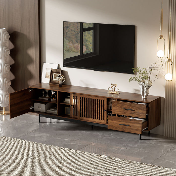 TV Stand, Media Console With 2 Drawers, Soft Closing Hinges, Adjustable Shelves, Slatted Design - Walnut