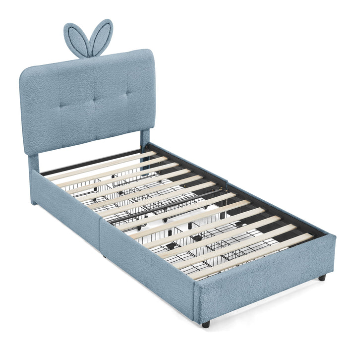Upholstered Bed With Oversized Rabbit Ear Headboard, LED Lights & 4 Storage Drawers
