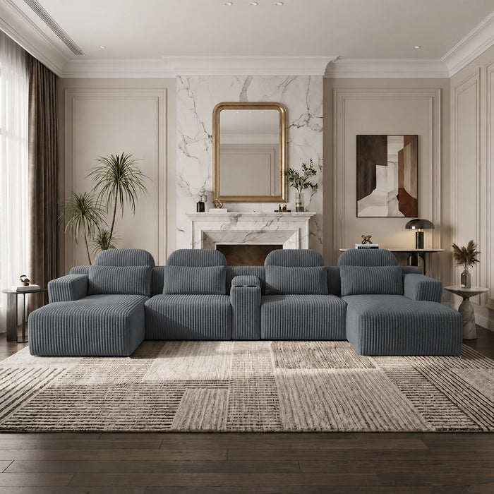 U-Shaped Sectional Sofa With Chaise Lounge And Cup Holders