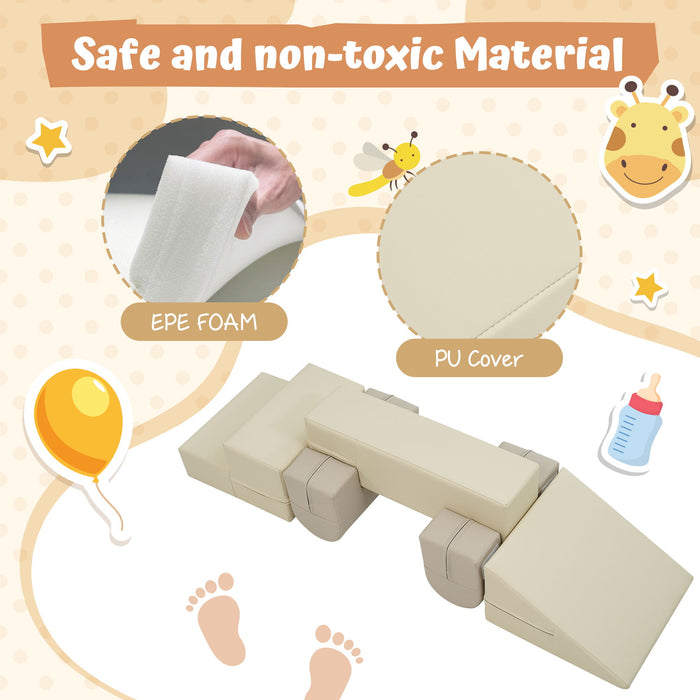 Indoor Soft Foam Climber Play Sets 7 In 1, Soft Play Equipment Climb And Crawl Playground For Toddlers, Kids Crawling And Climbing Active Play Structure - Coffee