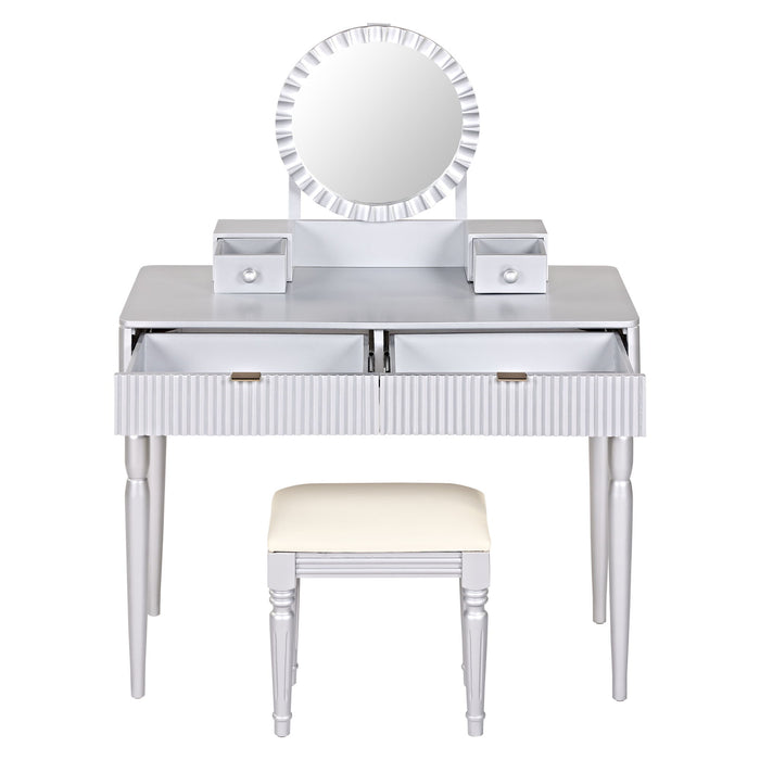 Luxury Vanity Desk With Round Mirror Height Adjustable Dressing Table Set Engineered Wood - Silver
