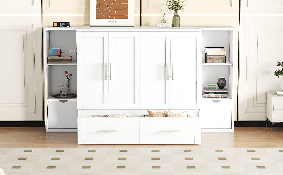 Murphy Bed With Shelves, Drawers And USB Ports