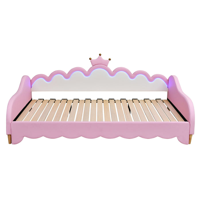 Extending Daybed With LED Lights, Modern Upholstered Princess Daybed With Crown Headboard
