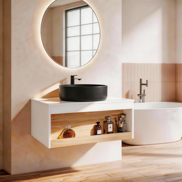 Floating Bathroom Vanity With Glossy Round Vessel Sink