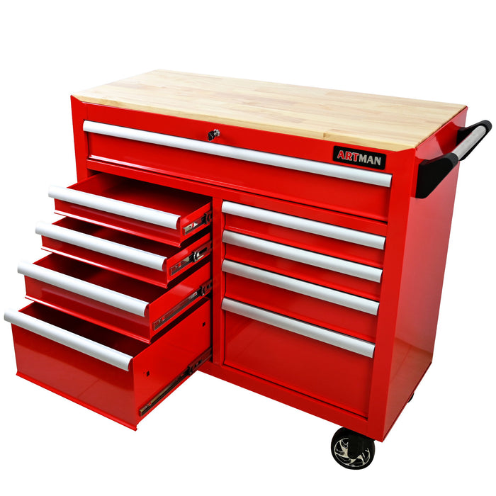 9 Drawer Multifunctional Steel Tool Cart With Wheels And Wooden Top