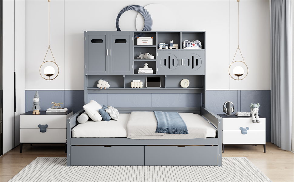 Daybed With All-In-One Cabinet And Shelf