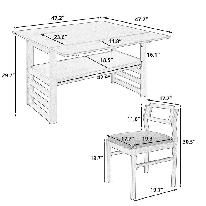 5 Piece Extendable Wood Square Dining Table Set With 2 Drop Leaves