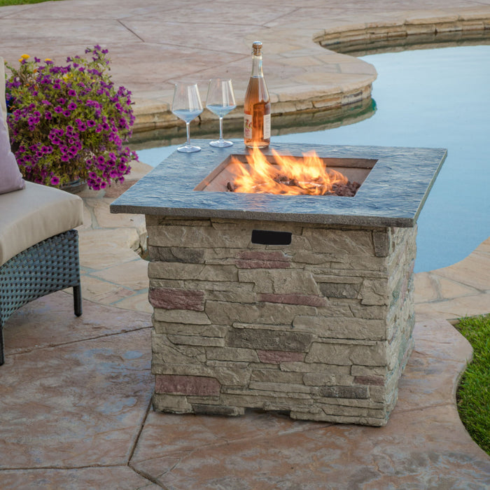 Classic Design Square Fire Pit With Top And 40, 000 Btu Heat Output - Stone Gray