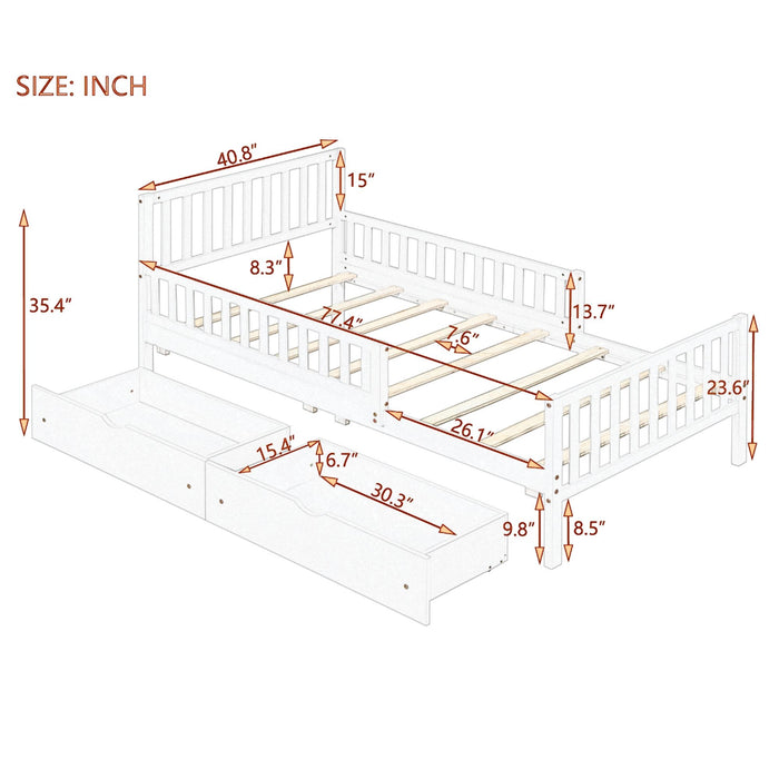 Platform Bed With Guardrails On Both Sides And 2 Storage Drawers