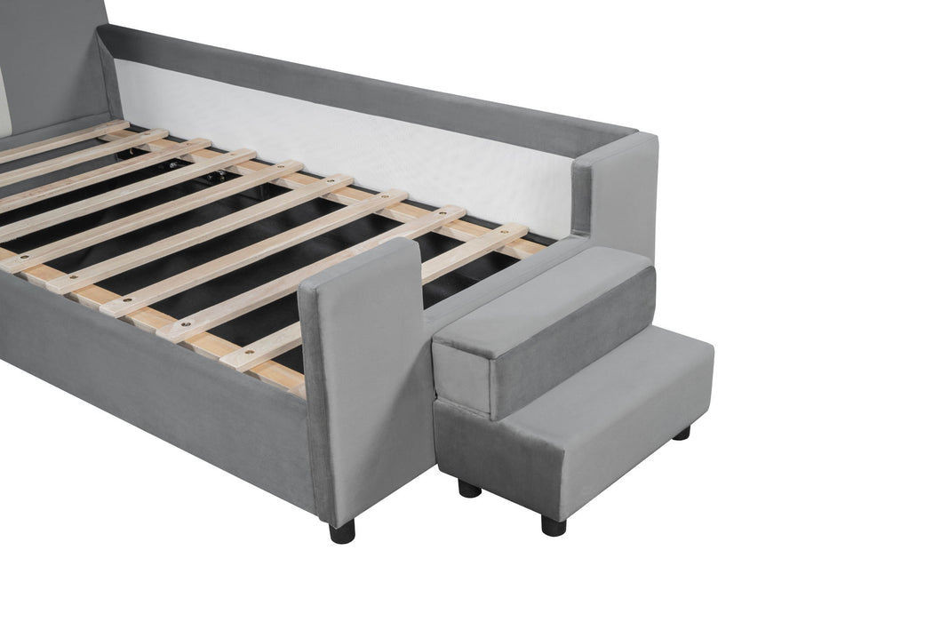 Upholstered Daybed With Bear Shaped Headboard, Hydraulic System And Breathable Mesh Fence