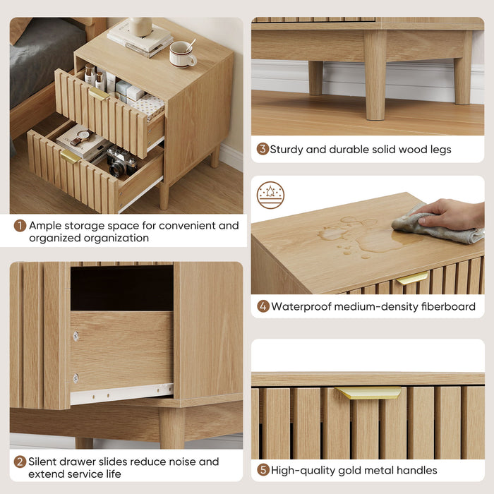 Bedside Table With Grille Design And 2 Drawers, Side Table For Bedroom - Oak