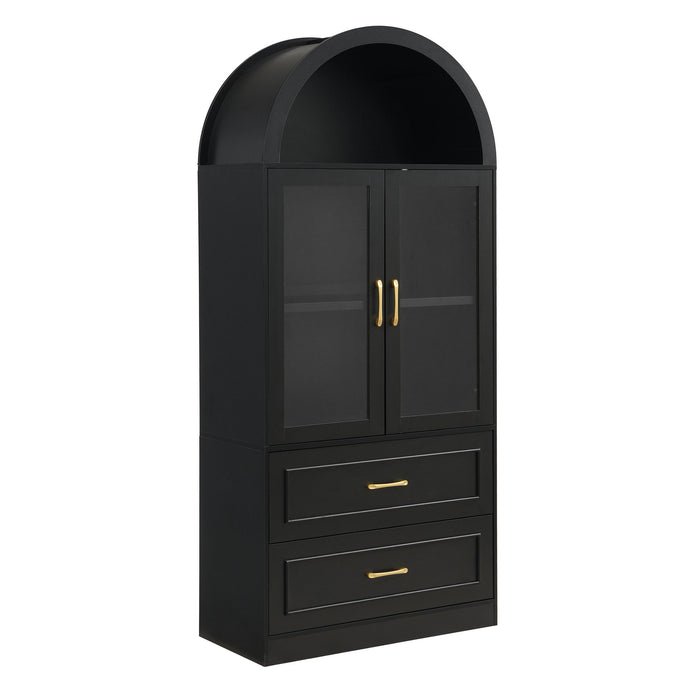 Arched Top Storage Cabinet With Fixed 2 Tier Shelves, 2 Large Drawers