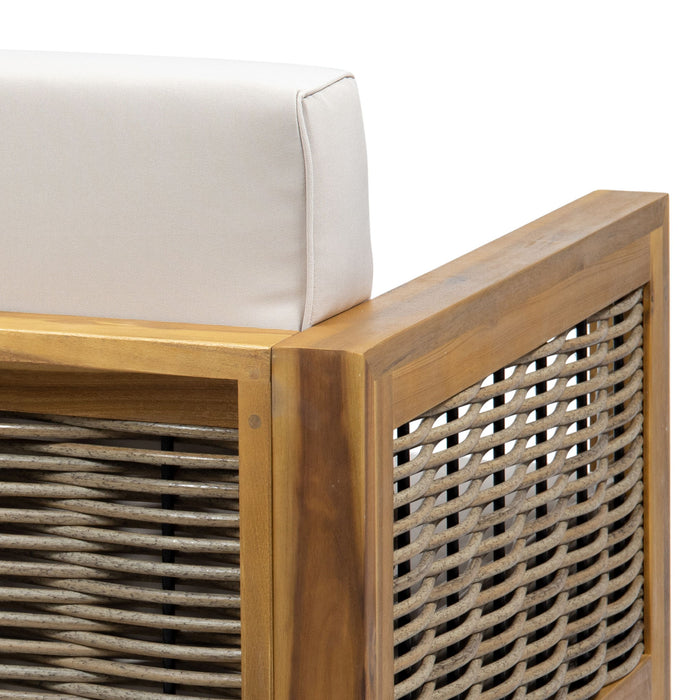 Outdoor 4 Seater Acacia Wood Chat Set With Wicker Accents And Cushions - Teak / Mixed Brown / Beige