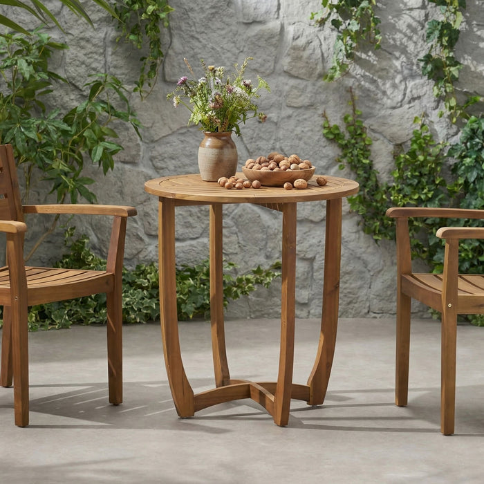 Outdoor Circular Wood Bistro Table With Curved Legs And Slat Panel Table Top - Teak