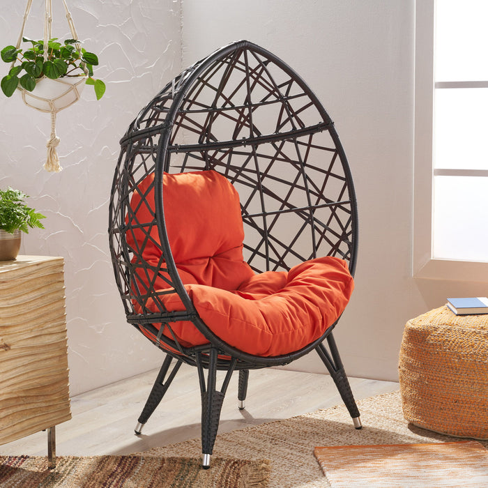 Outdoor Wicker Teardrop Chair With Cushion - Orange / Brown