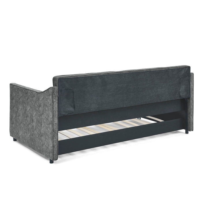 Twin Upholstered Daybed With Trundle, Waved Arms - Gray