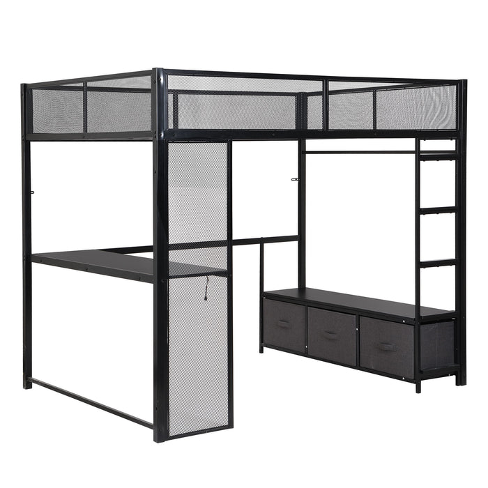 Full Size Gaming Loft Bed With LED Desk, Open Wardrobe, 3 Linen Storage Drawers - Black