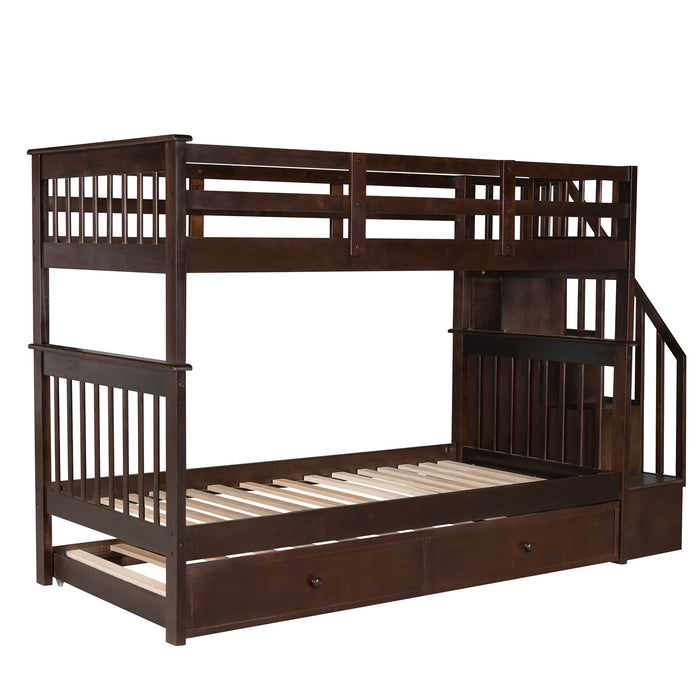 Stairway Bunk Bed With Storage And Guard Rail For Bedroom