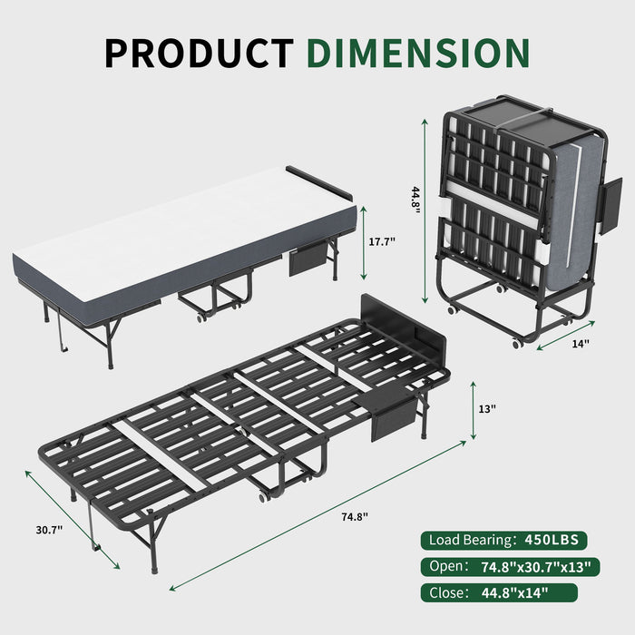 Twin Folding Bed With Adjustable Headboard & Memory Foam, Space Saving Rollaway Guest For Tall People, Portable On Wheels, Easy Assembly - Black