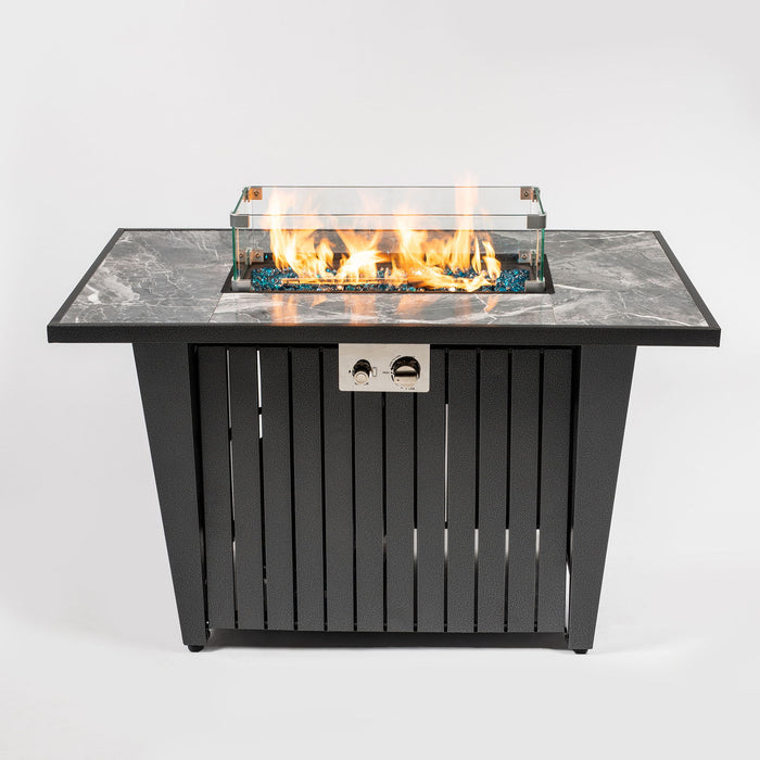 Morden Steel Fire Pit Table With Marble Tile Tabletop, Glass Wind Guard And Lid