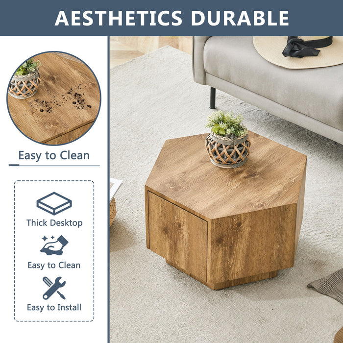Hexagonal Coffee Table With Drawers - Wood