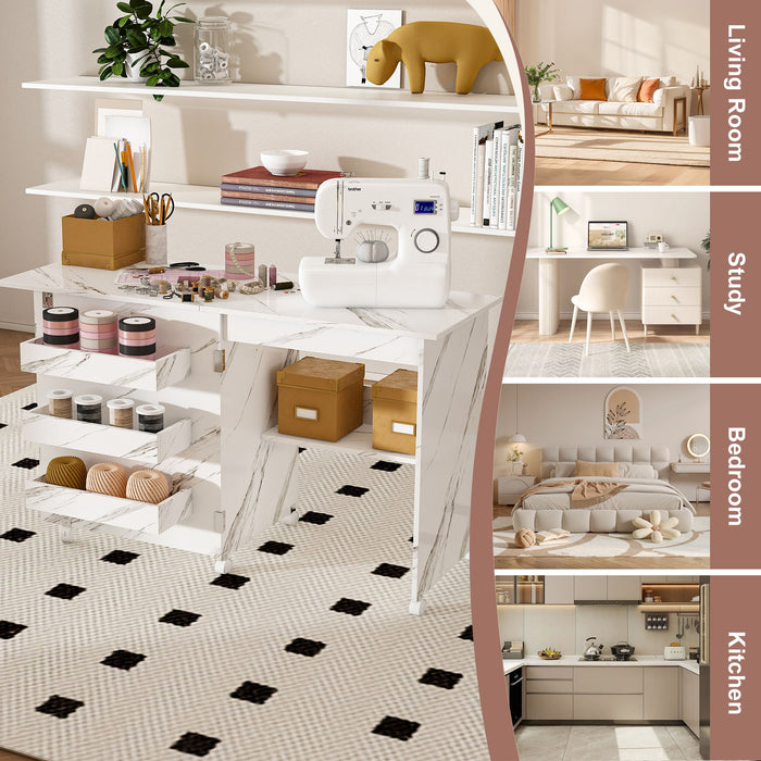 4 In 1 Folding Sewing Table With Lockable Wheels, Multi Functional Craft Station - White