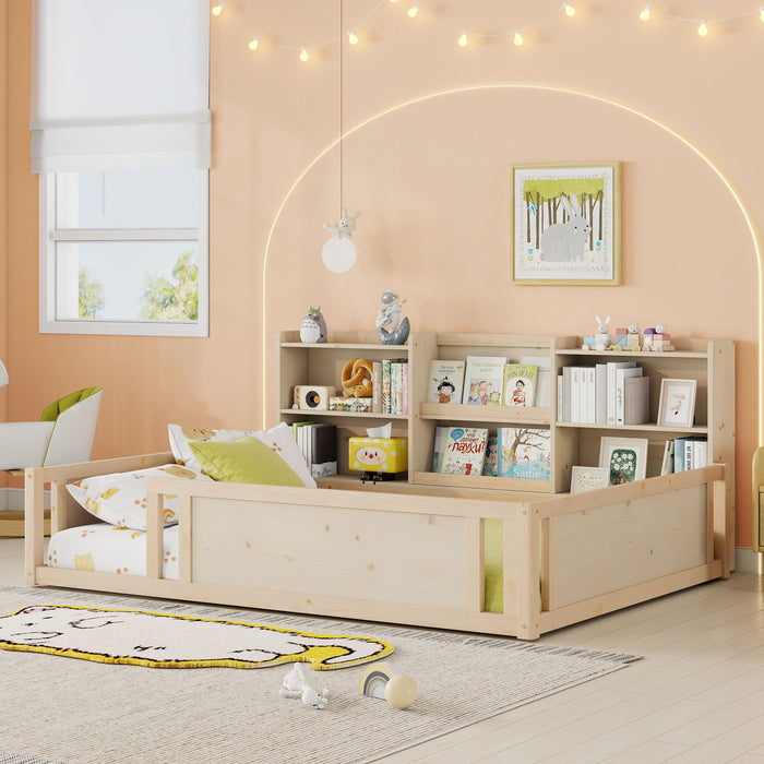 Platform Floor Bed With Guardrail Fence And Side Storage Shelves