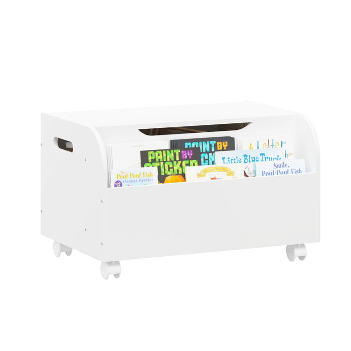 Toy Box With 4 Universal Wheels, Kids Playroom Storage Organizer With Front Bookshelf, Flip Top Lid, Safety Hinge - White