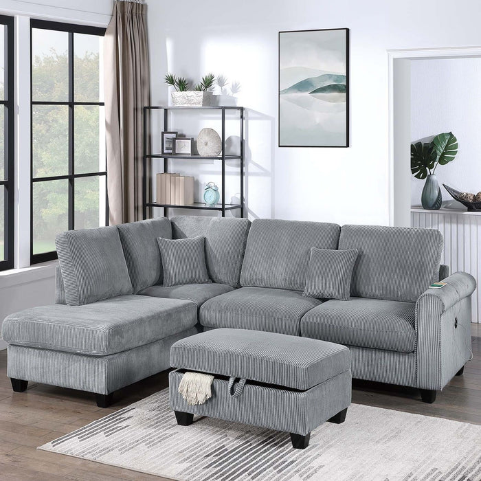 Contemporary Sectional Set With Right Arm Chaise, Left Arm Sofa With USB Port, Storage Ottoman