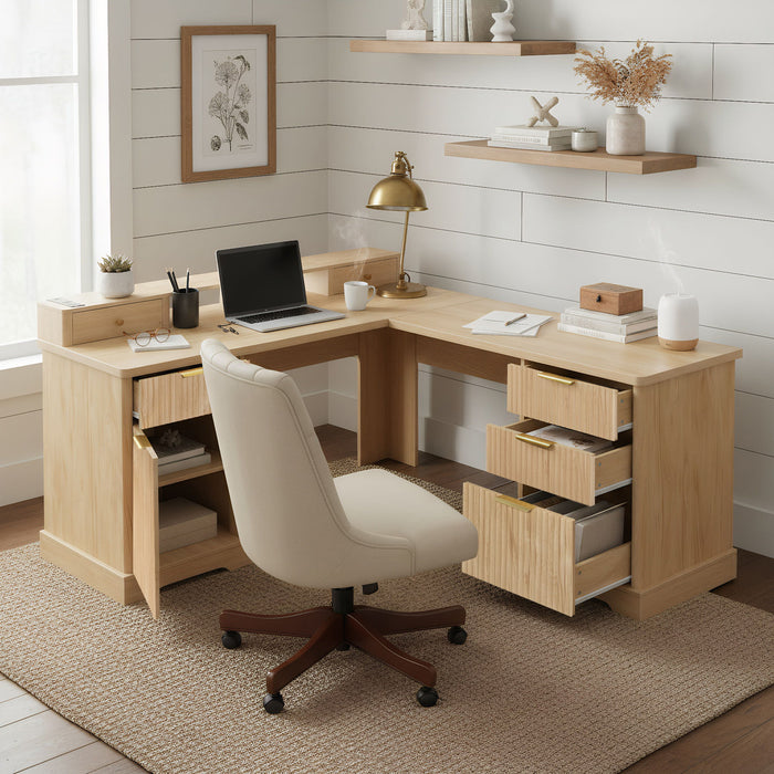 Fluted L-Shaped Desk With Charging Station & Storage Cabinet