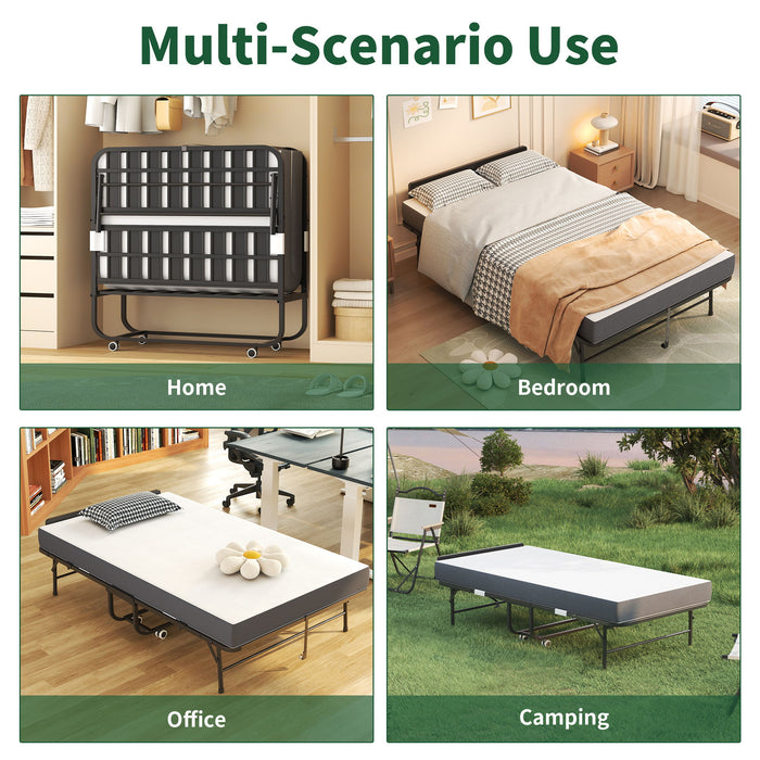 Twin Wide Folding Bed With Adjustable Headboard, Extra Long Rollaway For Tall People, Memory Foam Mattress - Black