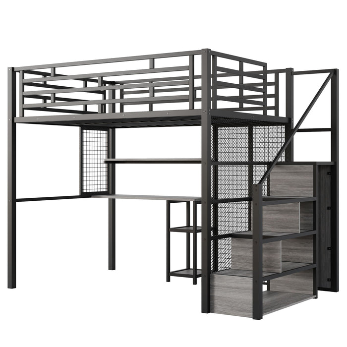 Metal Loft Bed With Wardrobe, Desk, Storage Shelves