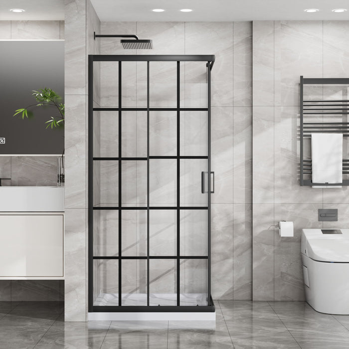Corner Shower Enclosure Double Sliding Door & Shower Base - Matte Black