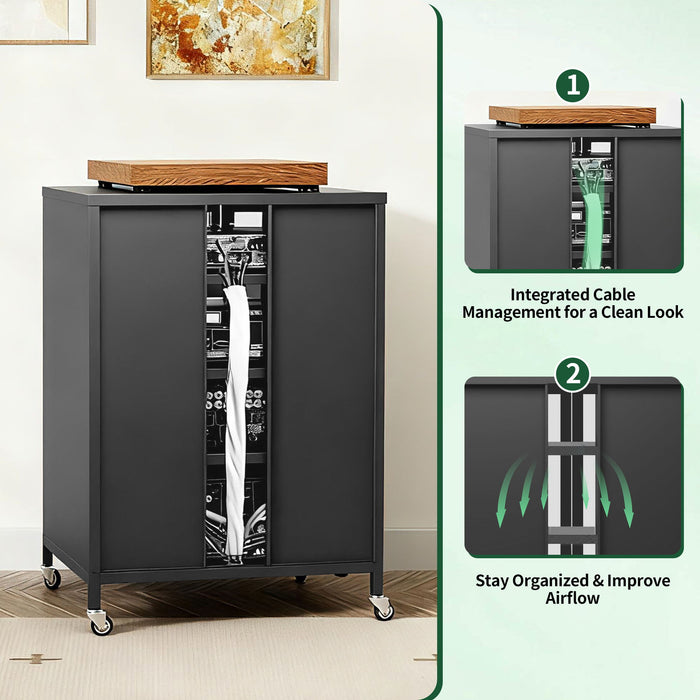 Media Storage Cabinet With Wheels, 4 Adjustable Glass Shelves & Door, Heavy-Duty - Black