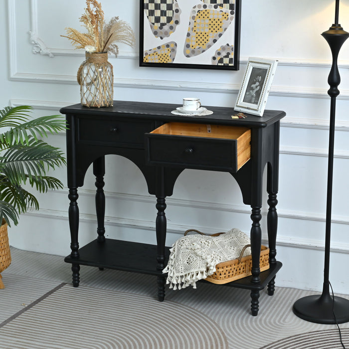 Accent Carved Console Table With Open Shelf And 2 Drawers For Living Room - Black