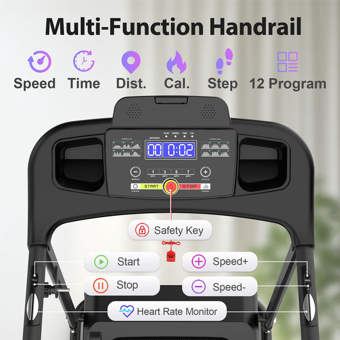 Foldable Electric Treadmill With 2.5Hp Motor, 12Km / H Speed, 3 Incline Levelstooth Music, Heart Rate Sensor, Spacious Running Belt For Indoor - Black