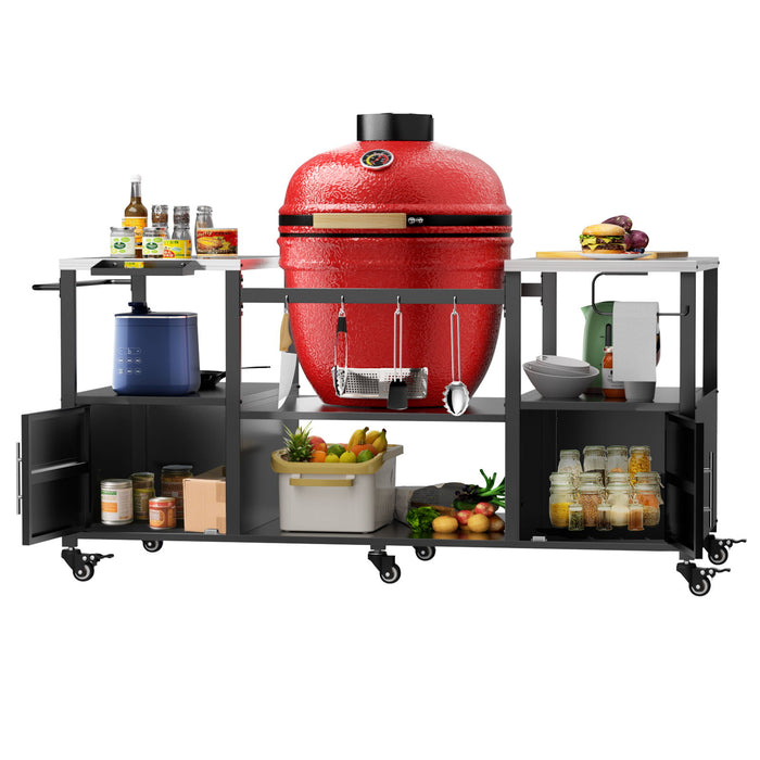 Outdoor Grill Table For Big Egg Style Bbq With Metal Grill Cart And Storage Box And Metal And Stainless Steel - Black / Silver