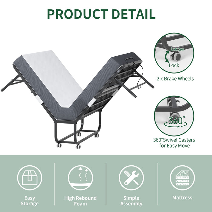 Twin Wide Folding Bed For Tall People, Extra Long & Wide Rollaway With Memory Foam, Heavy-Duty Capacity Guest, Spacious Portable Cot - Black