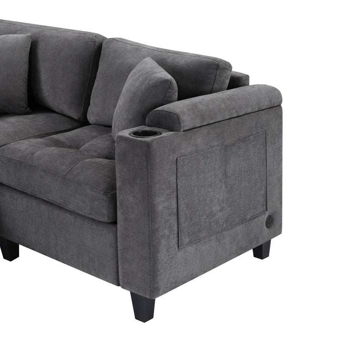 U Shaped Sectional Sofa, Corner Living Room Couch With Built In Cup Holders, Storage, USB Ports