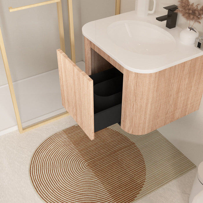 Wall Mounted Bathroom Vanity With Countertop, Sink, Curved Design With Stripe - Natural Wood