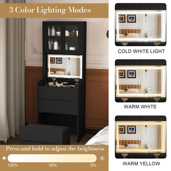 3 In 1 Vanity Table With LED Mirror & Storage Stool For Bedroom
