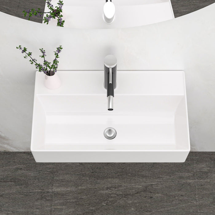 Modern Ceramic Rectangular Wall Mounted Bathroom Sink With Faucet Hole & Overflow