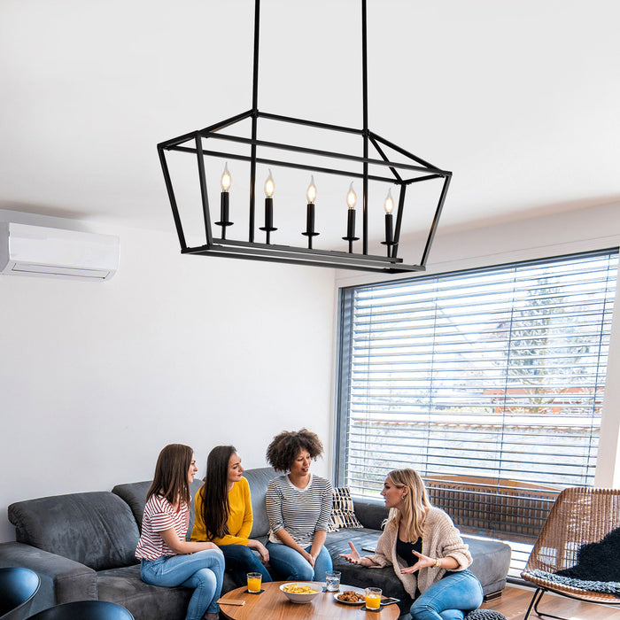 5 Light Farmhouse Kitchen Island Lighting, 5 Light Industrial Linear Chandelier For Dining Room Metal Hanging Pendant Light Fixture For Bedroom Living Room Hallway Conference Room - Matte Black