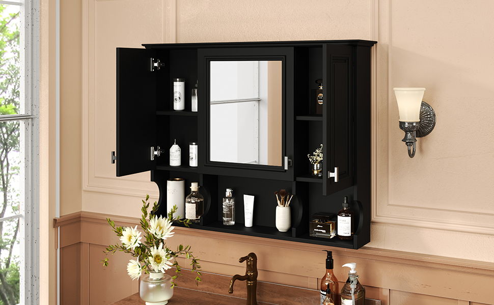 Wall Mounted Bathroom Medicine Wall Cabinet With Mirror & Open Shelves