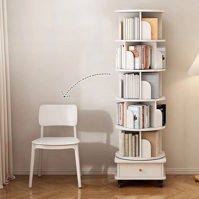 Rotating Bookshelf With Wheels And Drawer, 360° Spinning Design, Space Saving Storage