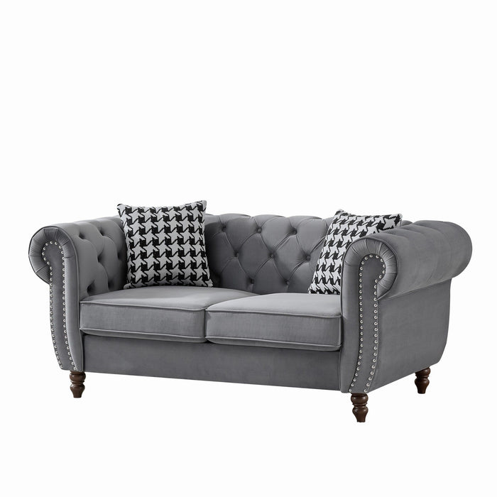 Chesterfield Velvet Upholstery Fabric Loveseat With Roll Armrest And Nailhead
